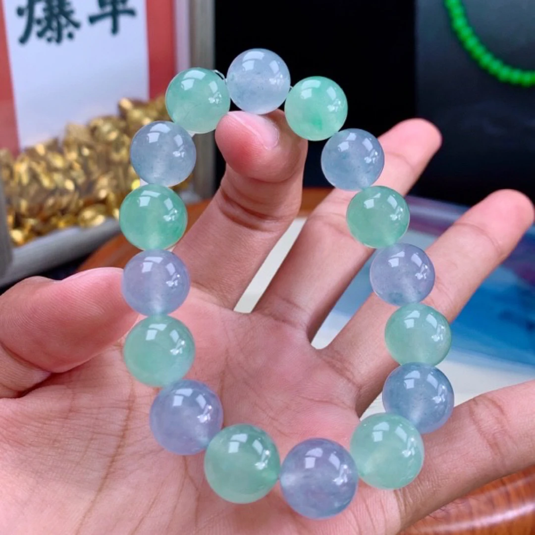 收藏级玻璃种起杠光透绳梦幻春彩手串缅甸天然翡翠A货行家品质