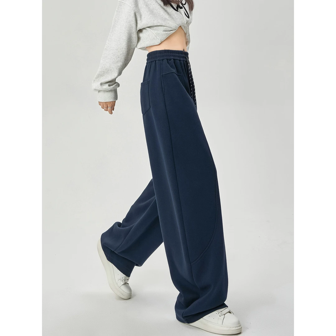 藏蓝色美式运动卫裤女秋2025新款高腰垂感直筒休闲糯米窄版阔腿裤