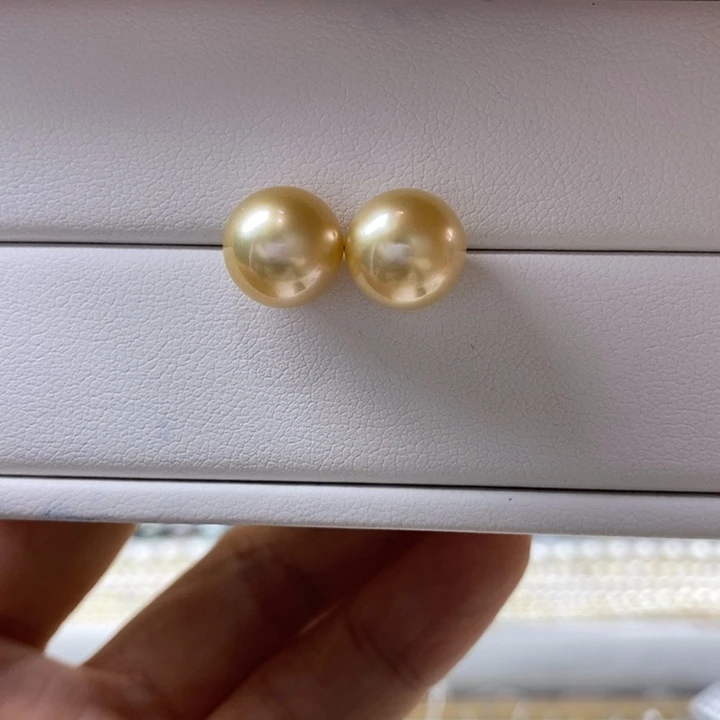 18K金镶嵌海水珍珠耳饰南洋金珠10-11m m