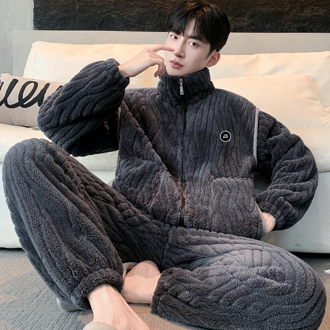 可外穿男大码宽松加绒加厚秋冬新款雪花绒暖绒保暖家居服睡衣套装