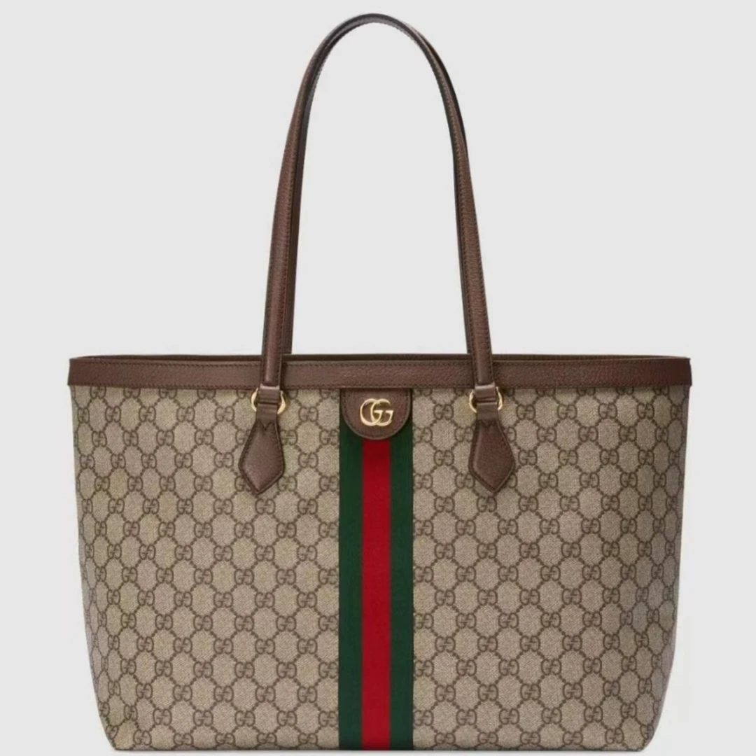 99新 GUCCI/古驰 古驰经典乌木色皮革中号帆布包托特包