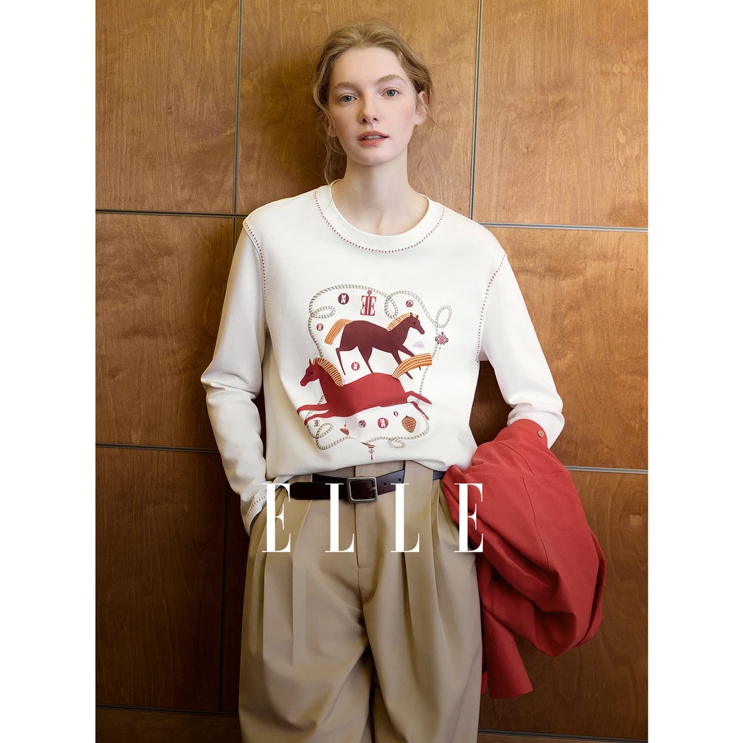 ELLE女装小马印花针织长袖T恤26春新款宽松通勤内搭上衣ET63148