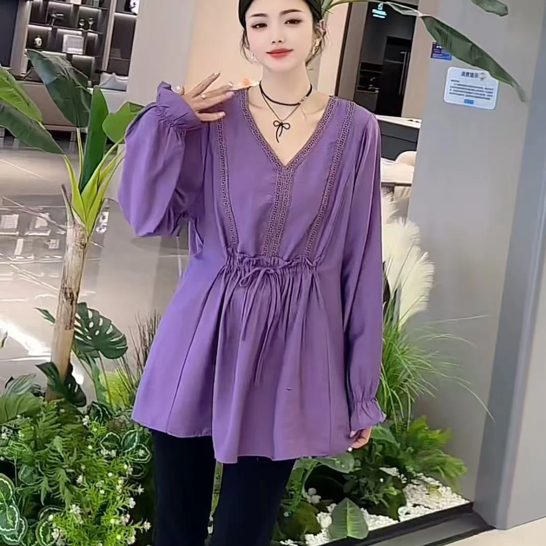 V领吸汗拼接立体装饰休闲风宽松型T恤法式圆领可调节