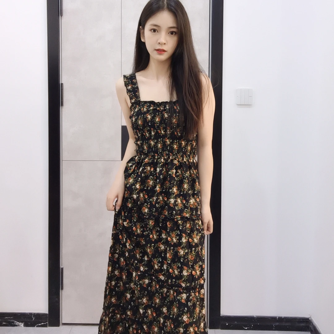 连衣裙碎花女装夏季吊带裙时尚绵绸连衣裙气质收腰收显瘦吊带裙