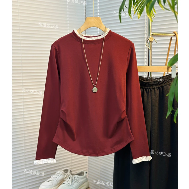 SPW私品味 秋冬新款本命年红色系立领蕾丝拼接长袖上衣 L10031