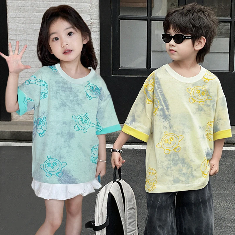儿童夏季蛋仔T恤双色彩拔烧花工艺百搭宽松潮流男童女童帅气时尚
