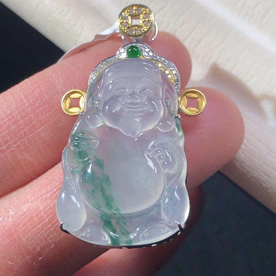 天然A货缅甸翡翠18k金镶嵌老坑冰种飘花财神吊坠尺寸39.3/23/7.5