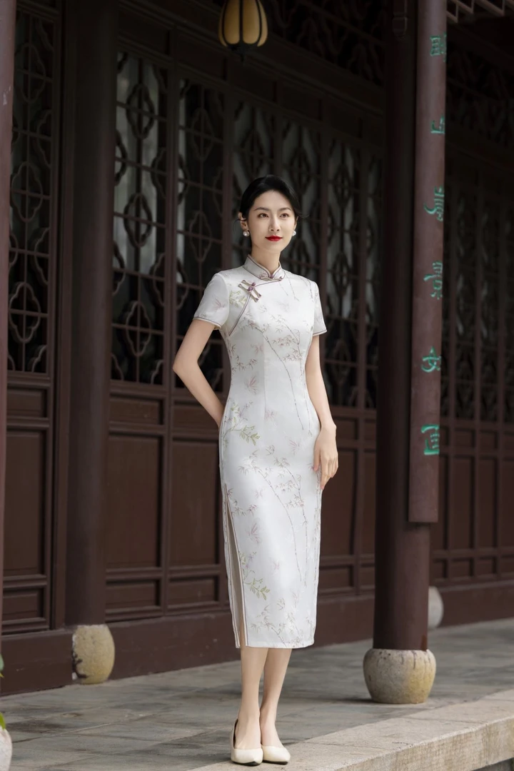 旗袍 长款 双层（衣长约120cm）竹林蝶舞  C483