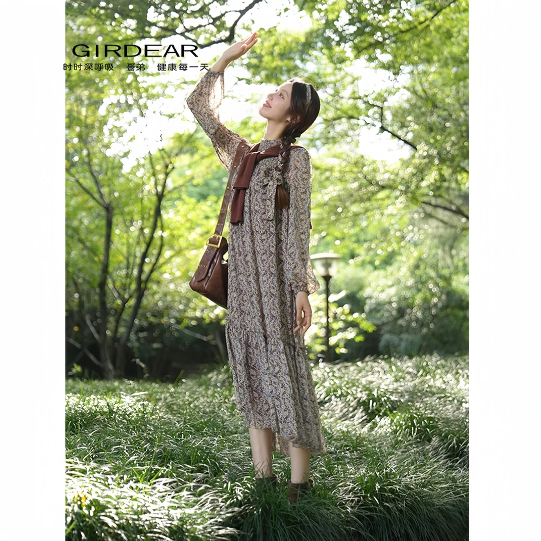 GIRDEAR/哥弟「碎梦花影」气质法式优雅碎花显瘦长袖连衣裙150034