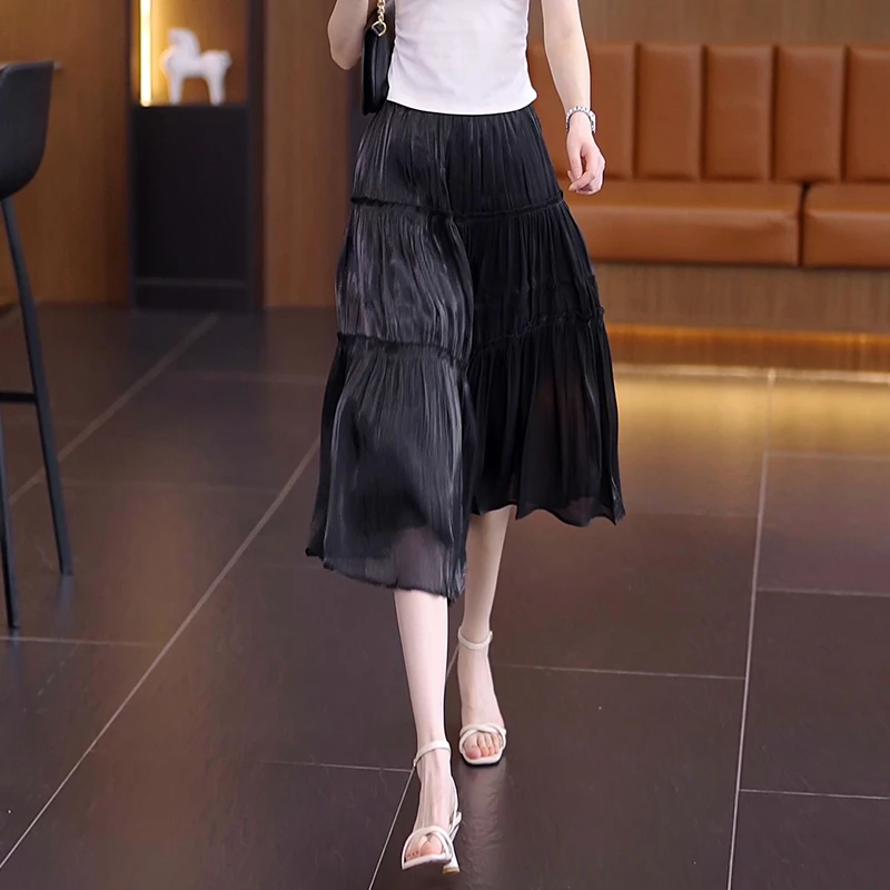 拉夏贝尔流光网纱半身裙2025新款百褶裙垂感显瘦中长款仙女裙子潮