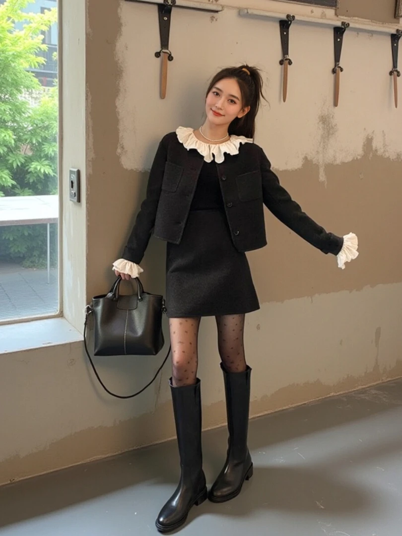 小个子富家千金风套装女2025秋冬新款黑色短外套小香风短裙两件套