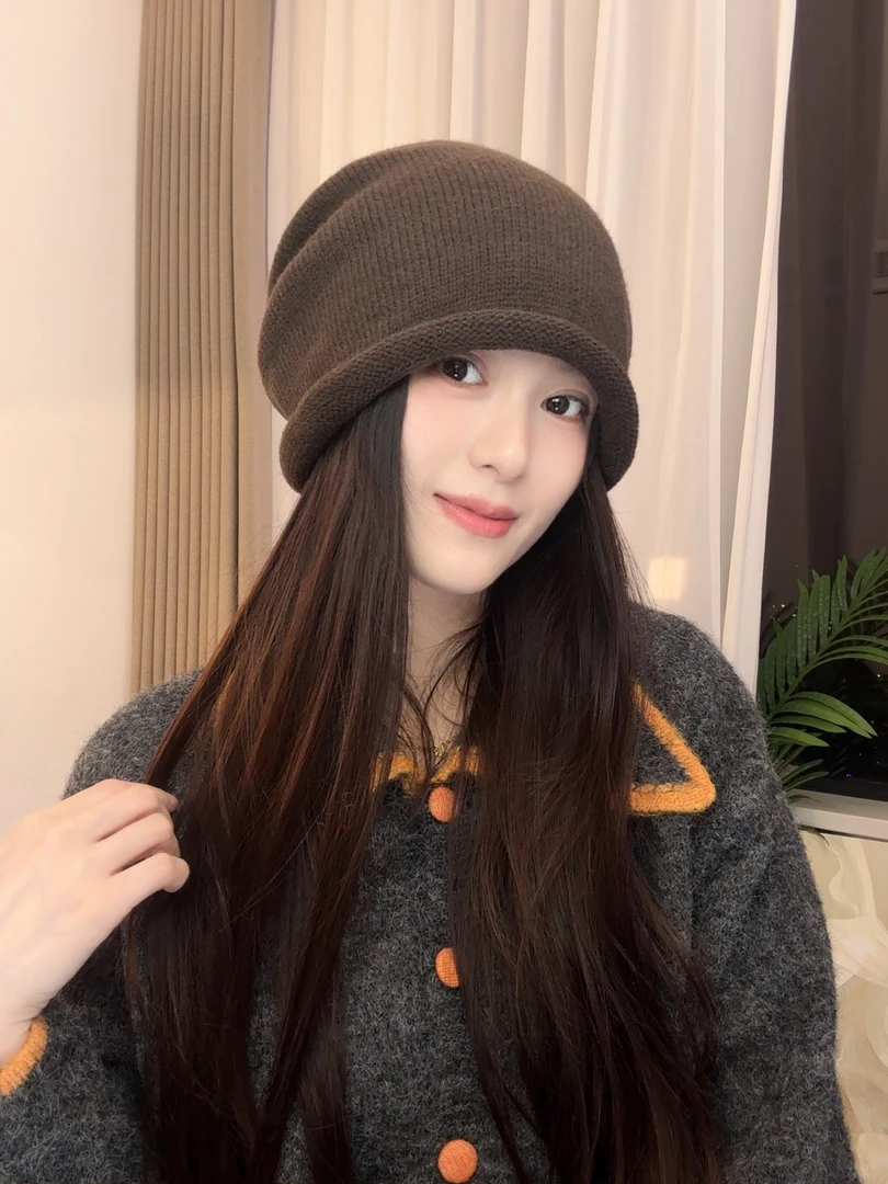 抽绳秋冬素板短发圆脸适合针织帽女士帽子可爱针织堆堆帽百搭韩版