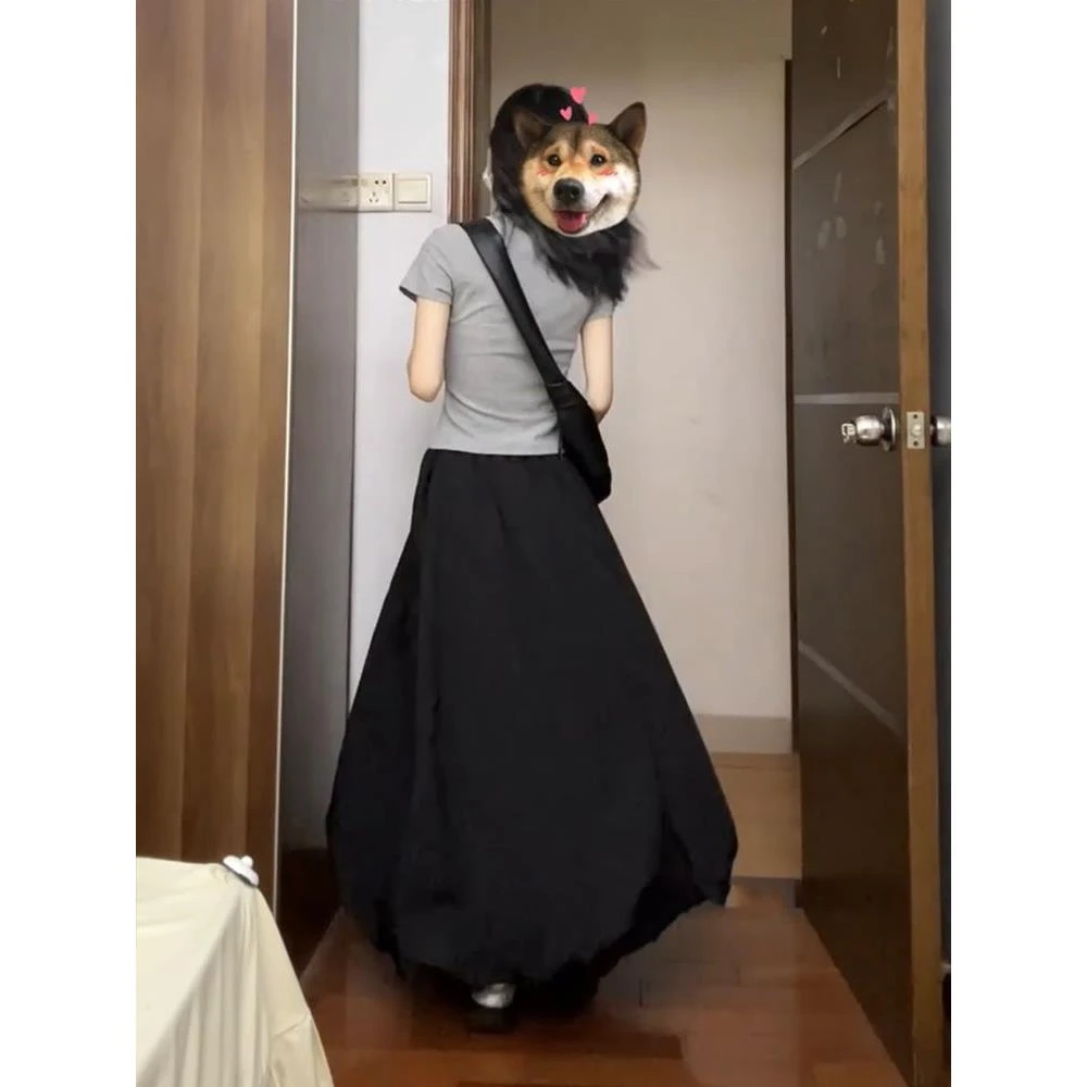 复古黑色山本花苞半身裙夏季新款高腰a字显瘦设计感小众休闲长裙