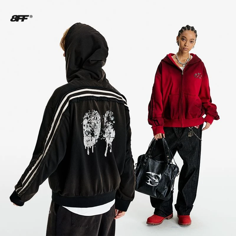 8FF/25AW重磅水洗做旧Vintage连帽街头卫衣连帽开衫卫衣外套潮