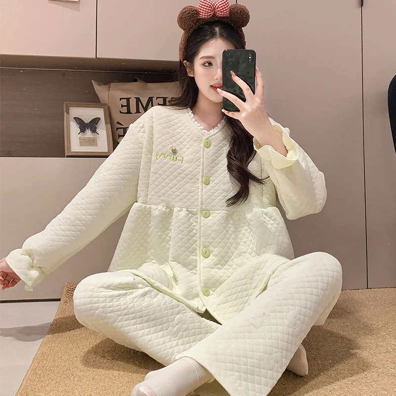 秋冬款10-2月保暖空气棉纯棉哺乳孕妇睡衣家居服套装产妇大码