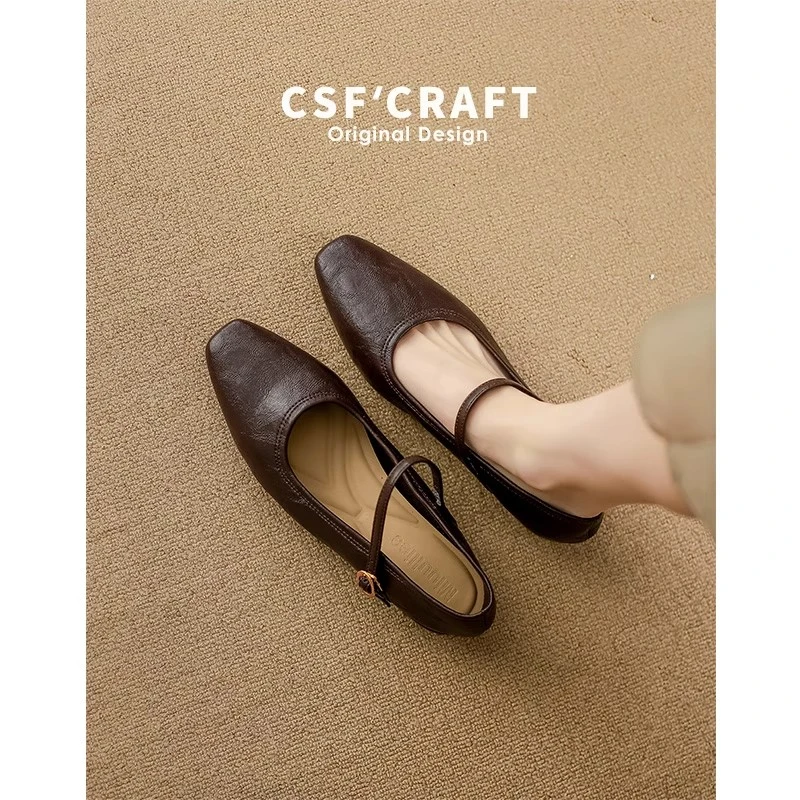 软羊皮~复古一字式软底粗跟单鞋女2025春夏新款通勤浅口玛丽珍鞋