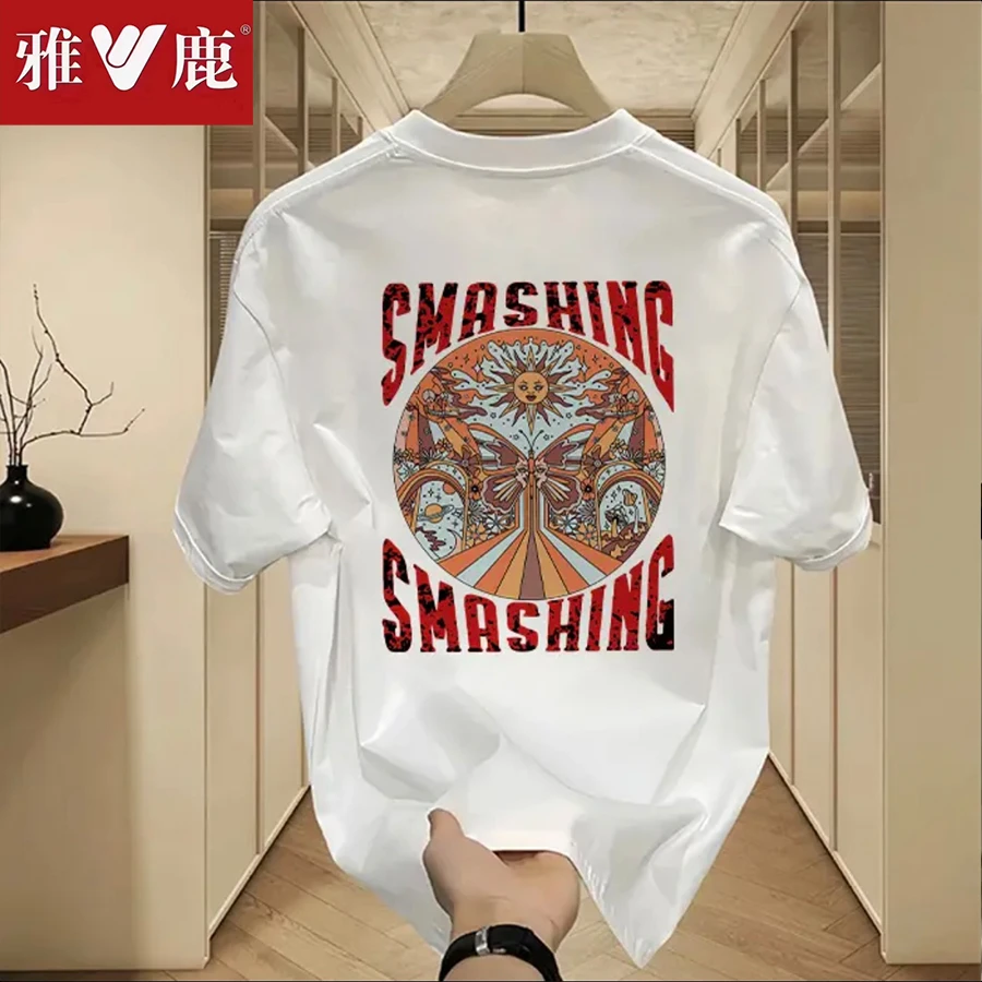 雅鹿纯棉男士短袖T恤夏季薄款时尚男装潮牌印花修身半袖百搭圆领