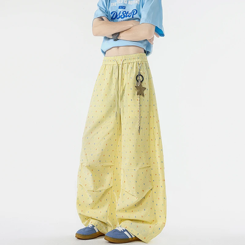 多巴胺薄款黄色长裤男女休闲裤小众设计彩色波点直筒阔腿裤子女