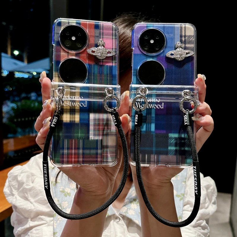 适用华为Pocket2手机壳折叠屏Zflip6英伦风复古格纹拼接P50Pocket