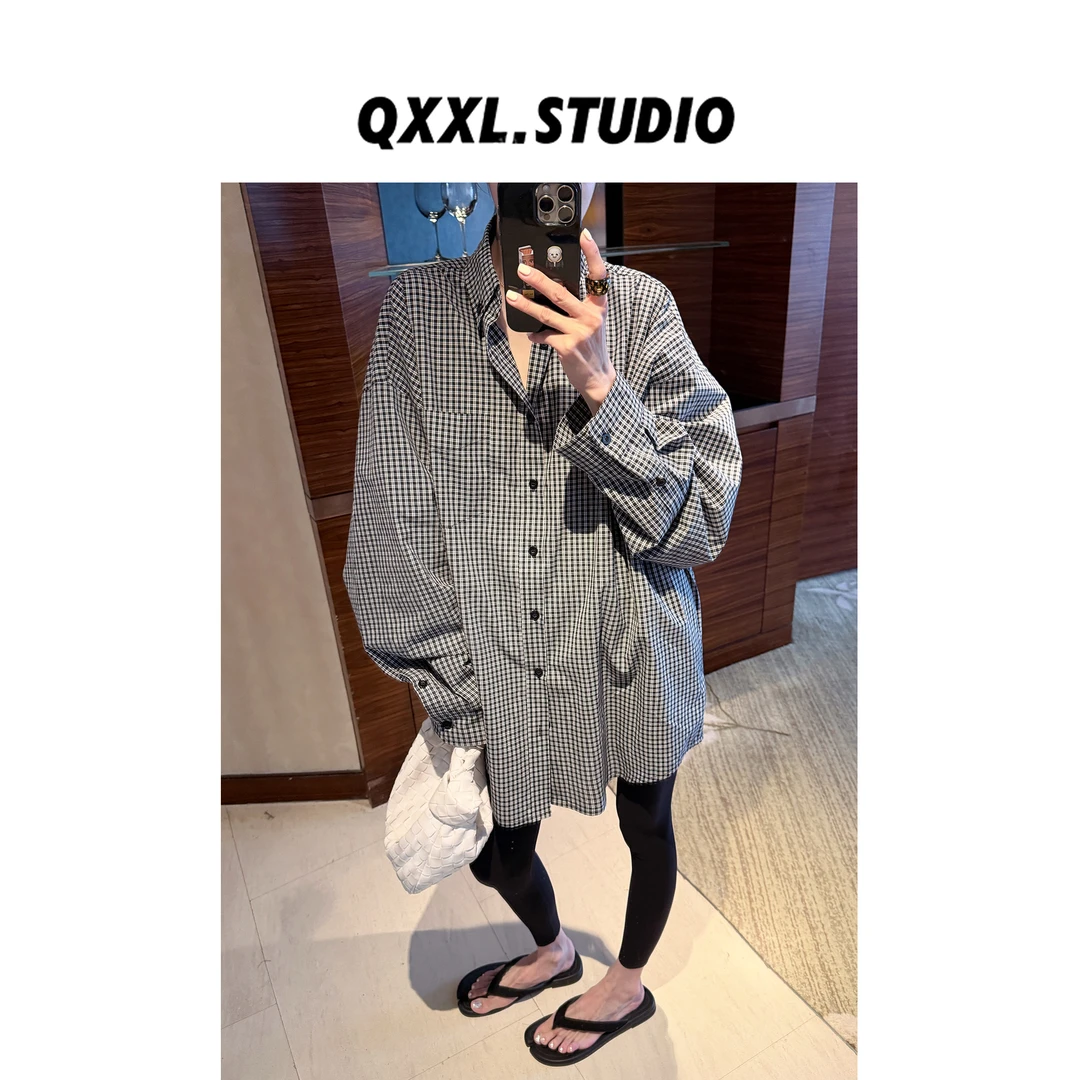 邱小小丽呀 秋季新款韩系格纹长袖衬衣百搭慵懒后背字母印花上衣