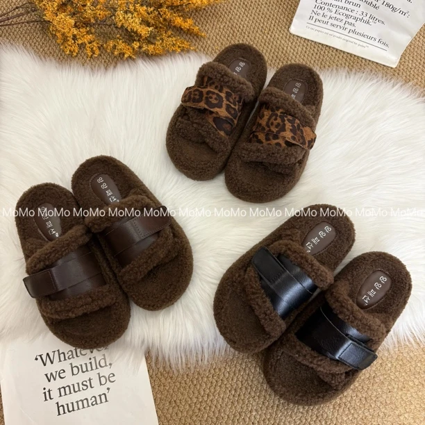 2025秋冬新款魔术贴一字带时尚网红百搭气质舒服爆款厚底毛拖鞋女