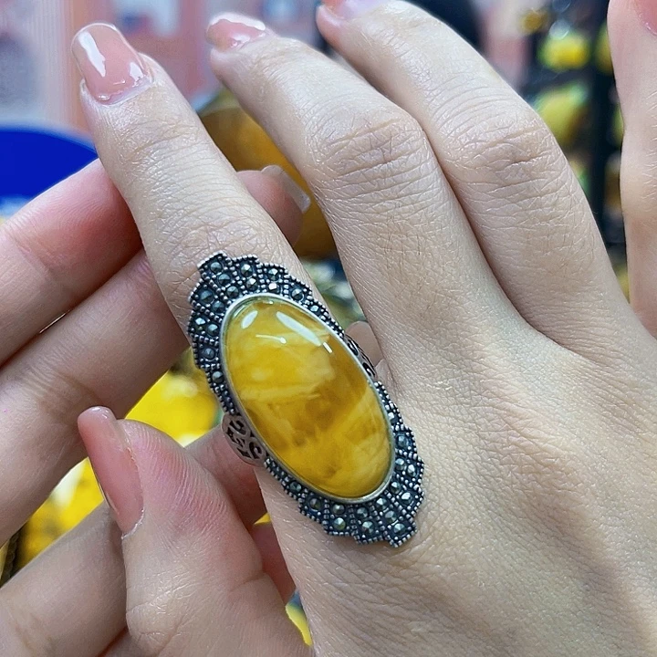 蜜蜡银S925镶嵌裸石戒指