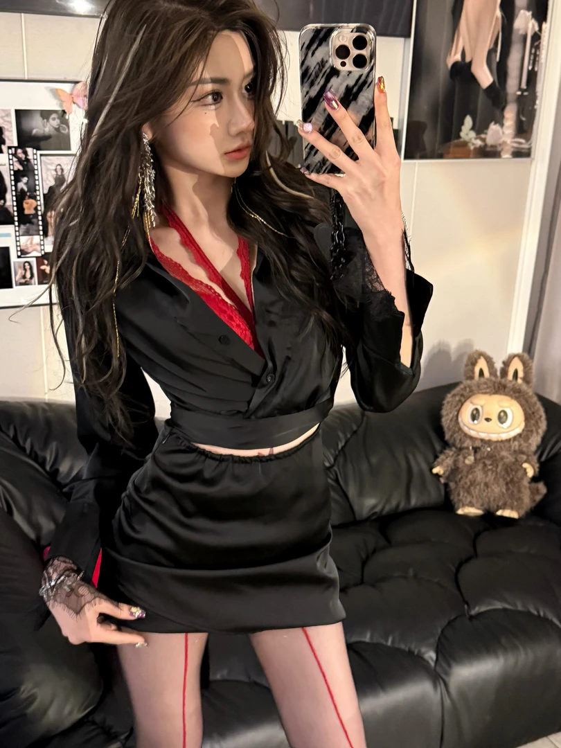 蕾丝拼接v领衬衫连衣裙长袖收腰裙子性感镂空气质包臀短裙