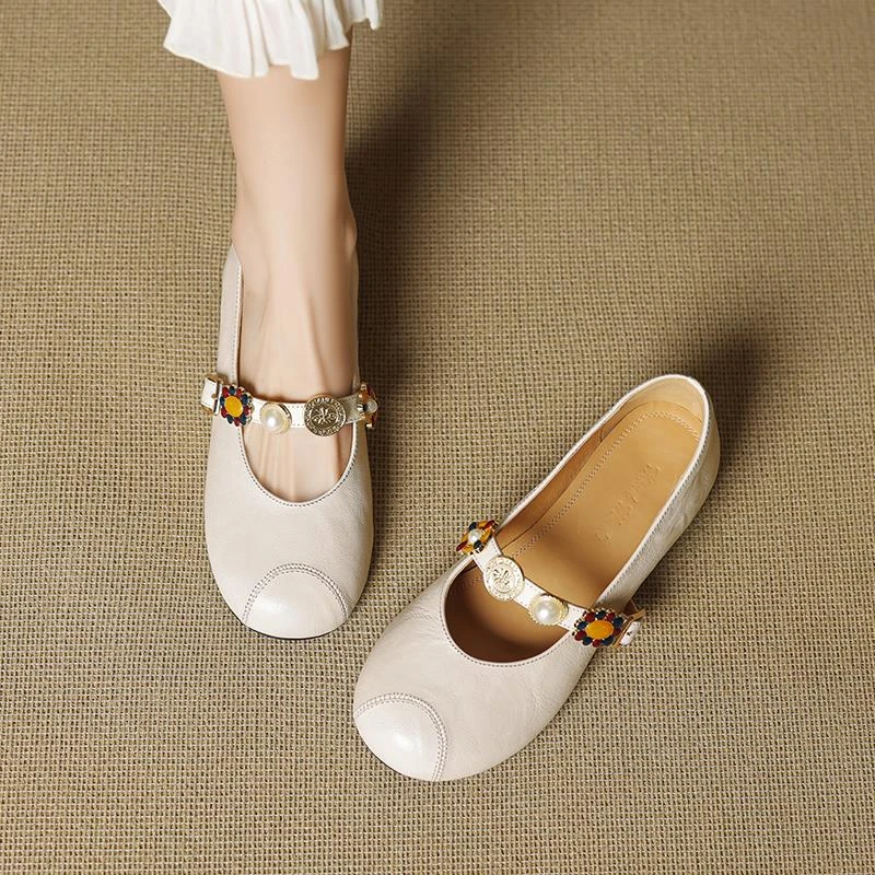春季新款平底圆头一字带玛丽珍鞋女羊皮单鞋时尚浅口女鞋花朵
