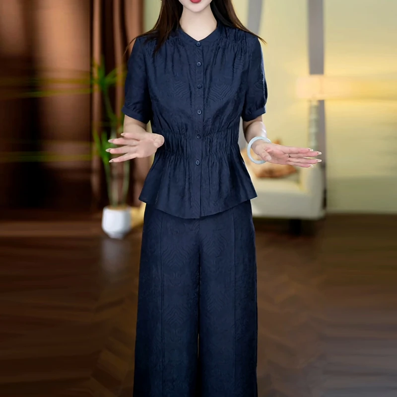 2025夏季新款时尚显瘦洋气减龄休闲阔腿裤套装气质短袖两件套女装