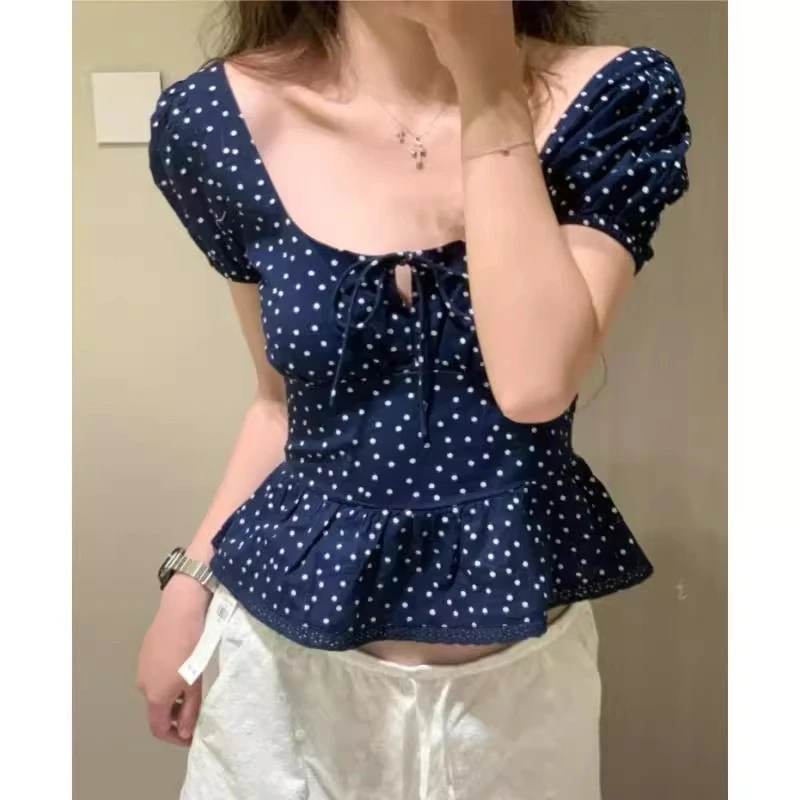 韩系复古蓝色波点泡泡袖方领衬衫女夏季bm系带收腰显瘦短袖上衣潮