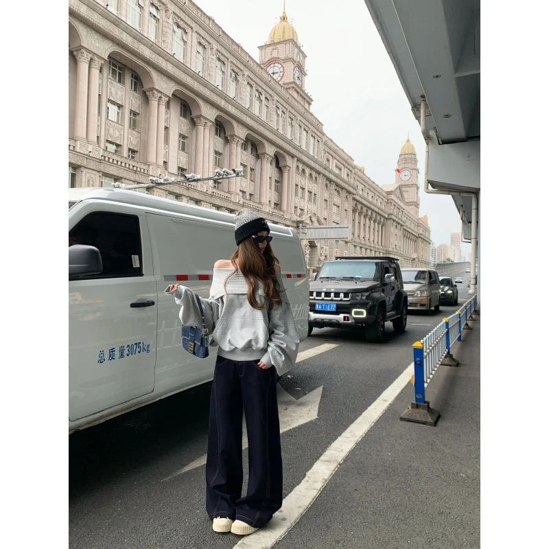 高级感气质纯色连帽百搭别致卫衣女秋季宽松垂感显瘦阔腿长裤套装