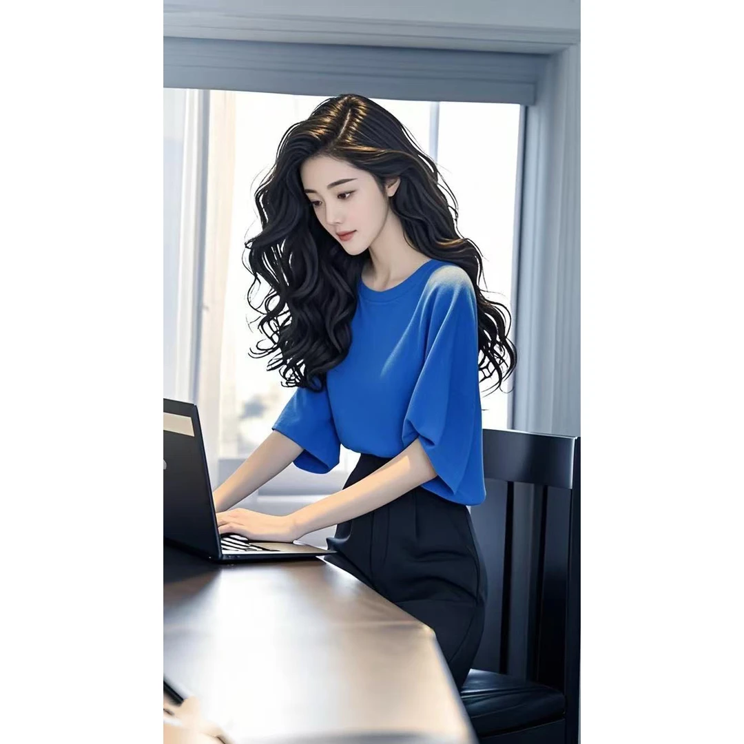 法式气质冷淡系高级感克莱因蓝宽松小上衣女夏季短袖T恤