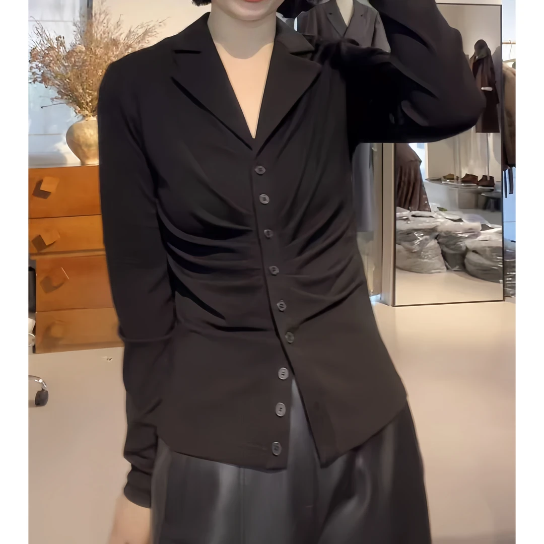 2025夏季洋气衬衫领收腰褶皱长袖百搭通勤轻奢时尚上衣女设计感潮