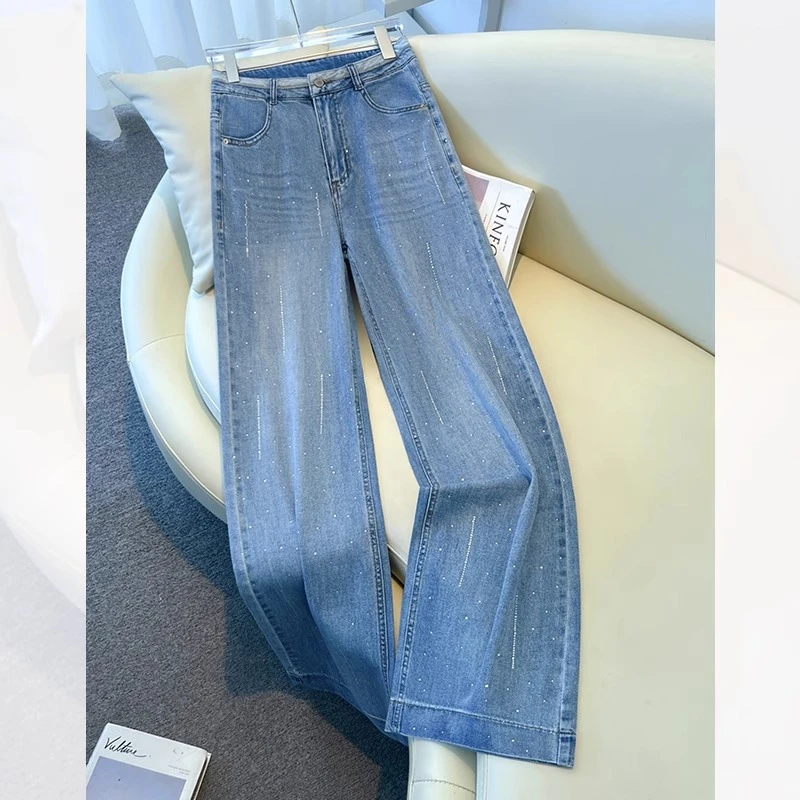 烫钻窄版阔腿牛仔裤女夏季2025新款高腰垂感宽松高端显瘦直筒裤子