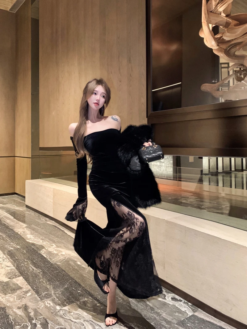 法式御姐黑色高级感丝绒连衣裙女2025秋冬新款设计感蕾丝开叉裙子