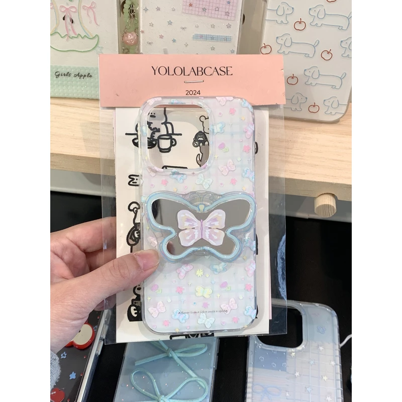 YOLO LAB韩系ins风简约蓝格纹蝴蝶结适用于16pro手机壳全包15新款