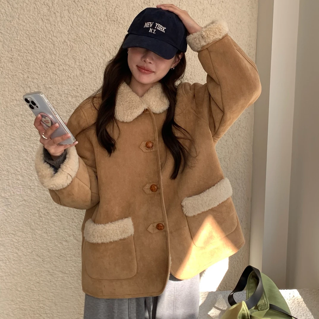 VVS@1625 韩系简约百搭皮毛一体翻领保暖外套（衣长70）