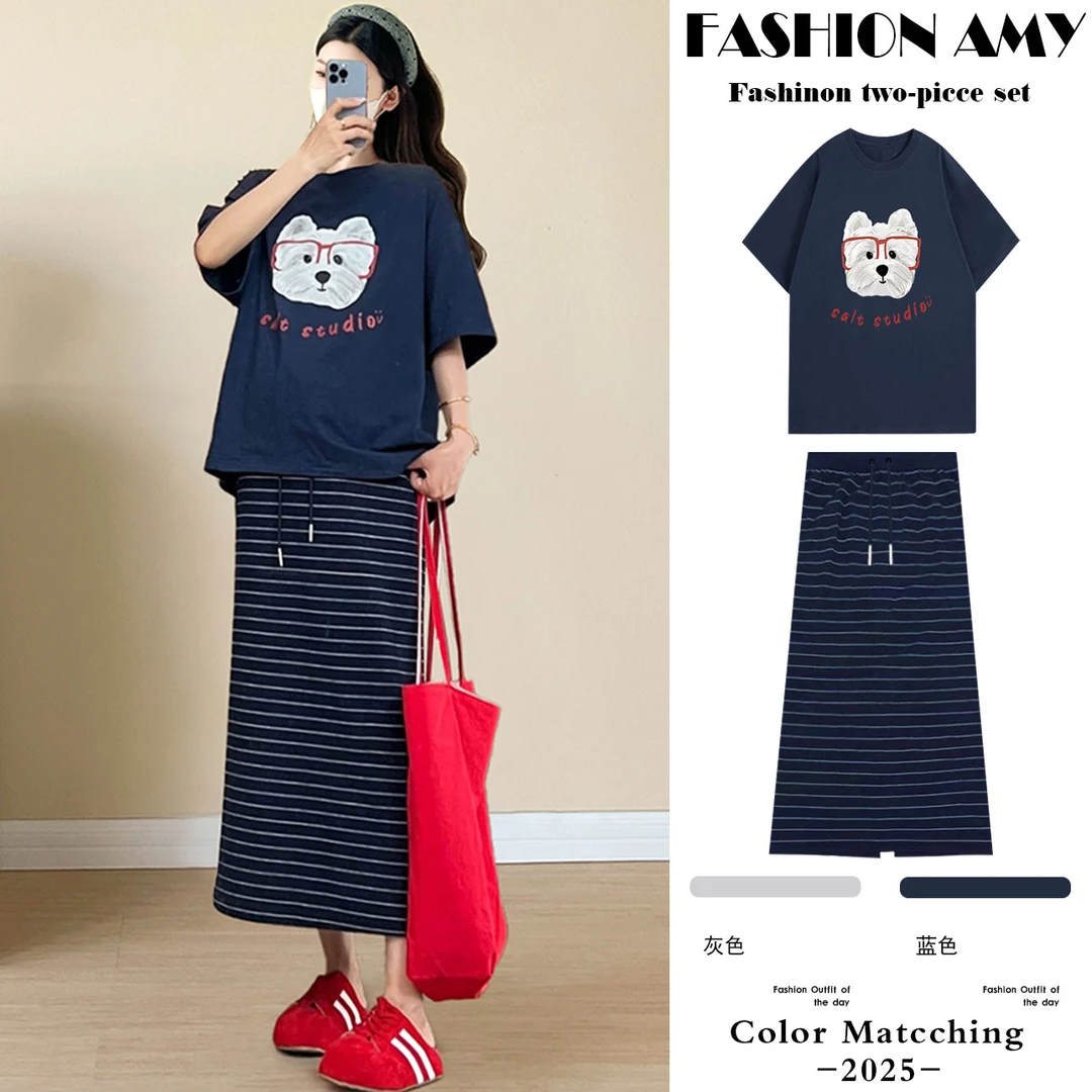 夏季孕妇装新款洋气时尚小狗短袖T恤上衣休闲条纹后开叉半身裙子1