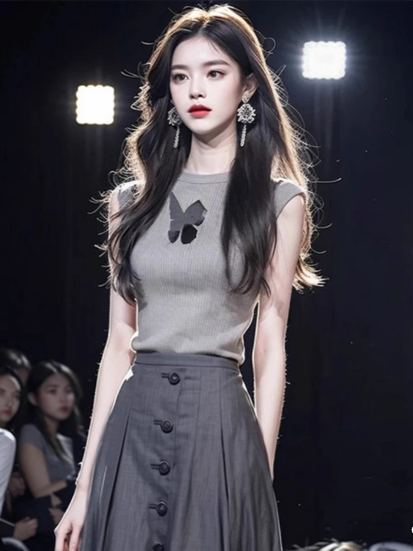 夏季新款独特别致甜辣妹针织上衣设计感蝴蝶小飞短袖t恤半身裙