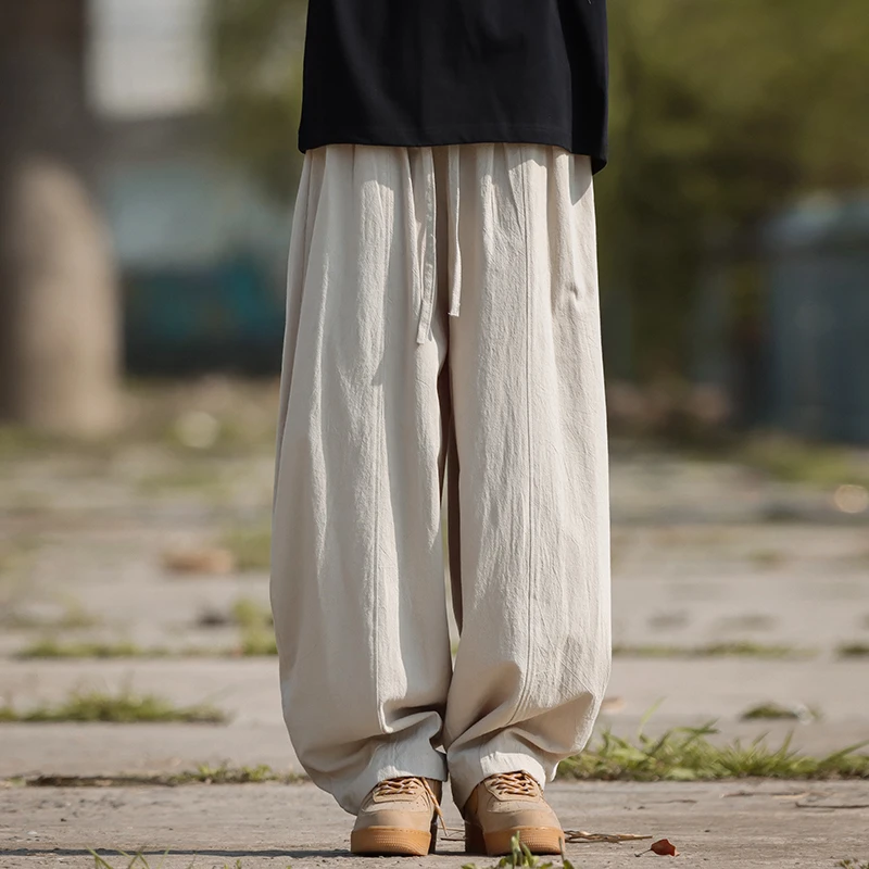 亚麻裤子男中国风夏季薄款阔腿休闲裤百搭透气阔腿直筒加大码长裤