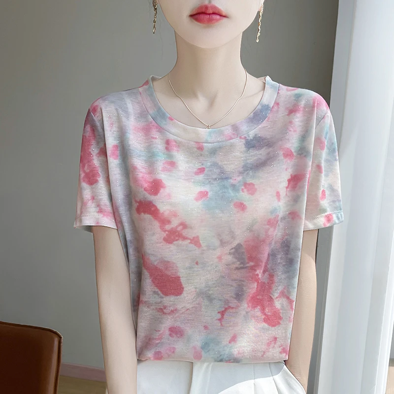 【现货宠粉】新款夏季法式女垂感圆领T恤短袖宽松印花透气套头打底