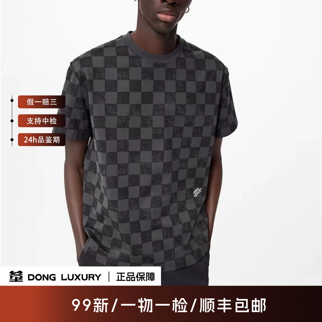 99新 LouisVuitton/路易威登 黑灰棋盘格短袖/L码/IN0261