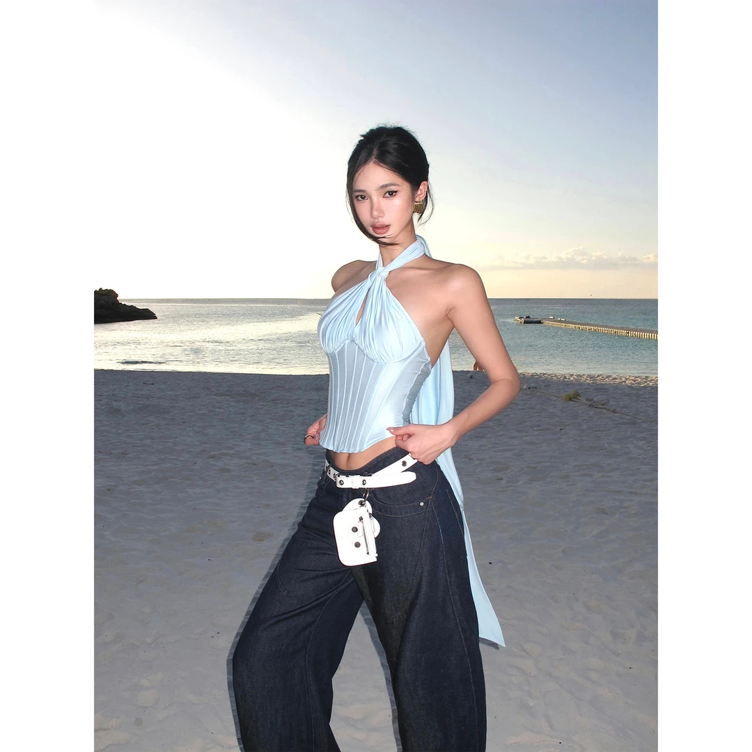 rovente 蓝色挂脖鱼骨背心设计感辣妹胸衣度假收腰外穿吊带上衣女