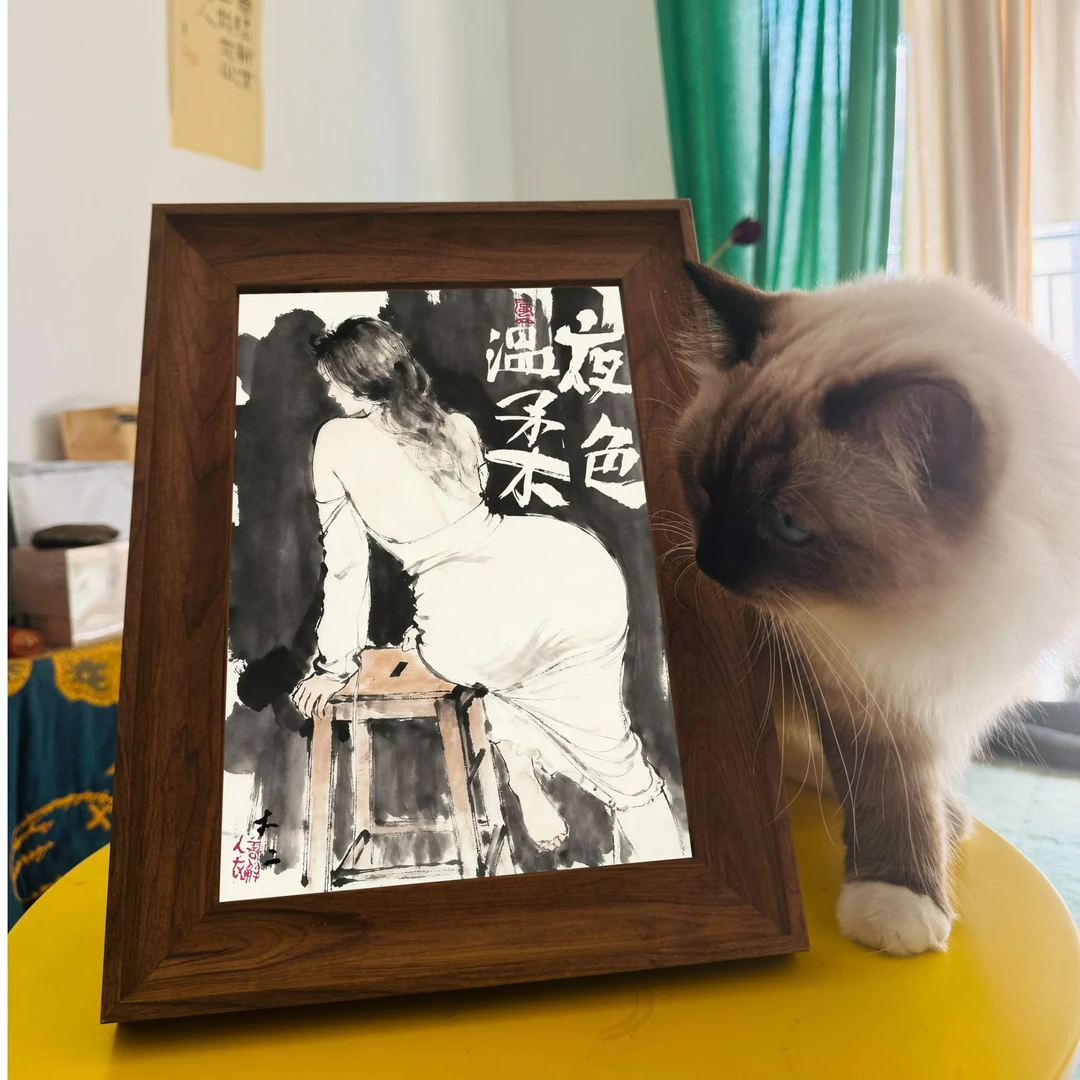 西门丈二美人画夜色温柔A4尺寸带框