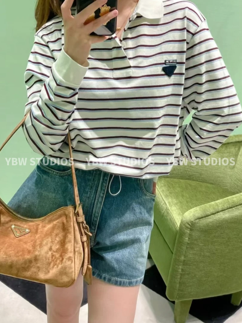 【YBW】P*条纹Polo领抽绳宽松长袖上衣 定制面料