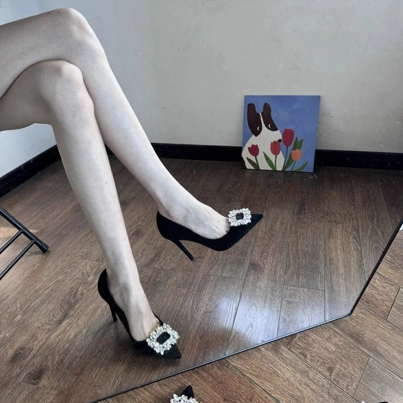 5cm小单鞋女春夏新款黑色绒面尖头浅口细跟高跟鞋方扣水钻10cm鞋