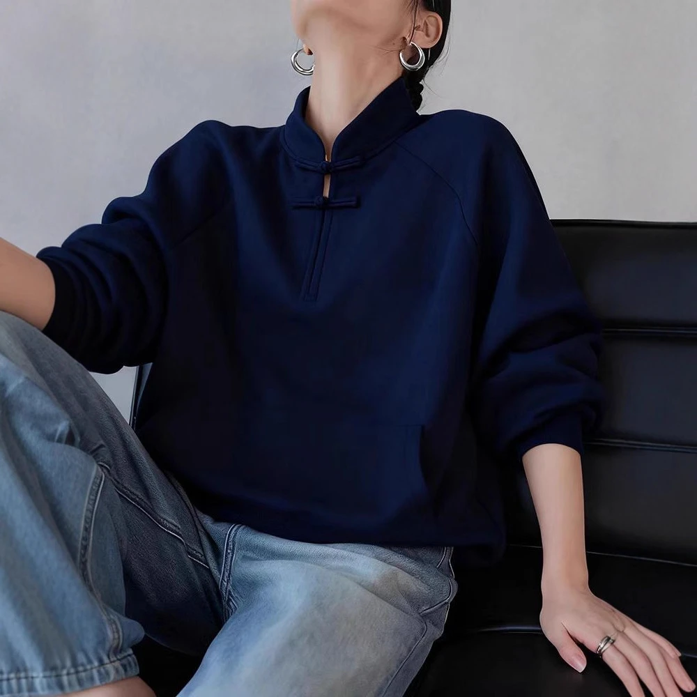 秋季新中式藏青色立领加绒卫衣外套2025新款巨好看的加厚国风上衣