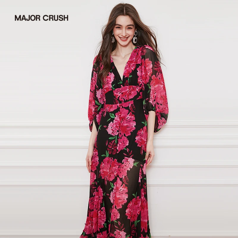 MAJOR CRUSH春季新款浪漫黑玫牡丹连衣裙气质优雅印花长裙5081