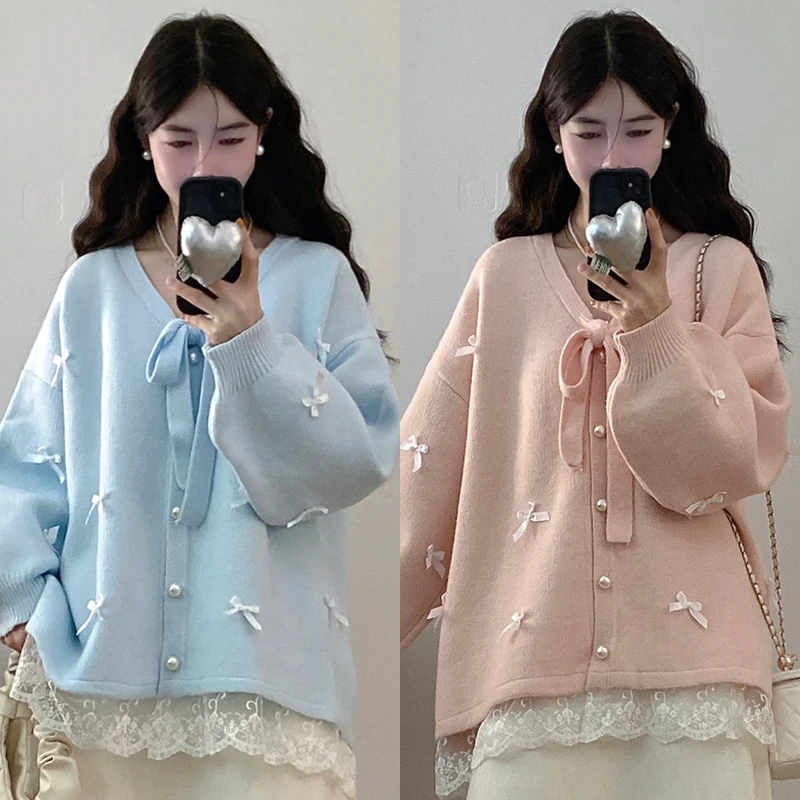 大码秋冬超仙甜美蝴蝶结慵懒毛衣蕾丝拼接灯笼袖针织开衫套装