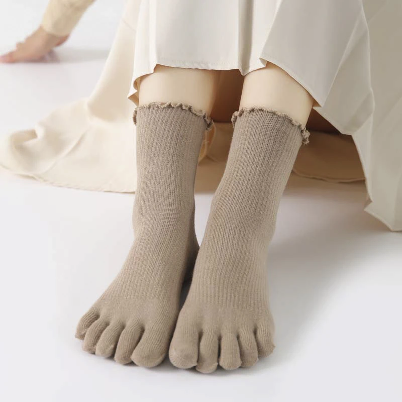 高档有跟中筒花边五指袜女纯色棉松口月子袜ins潮百搭韩版脚趾袜